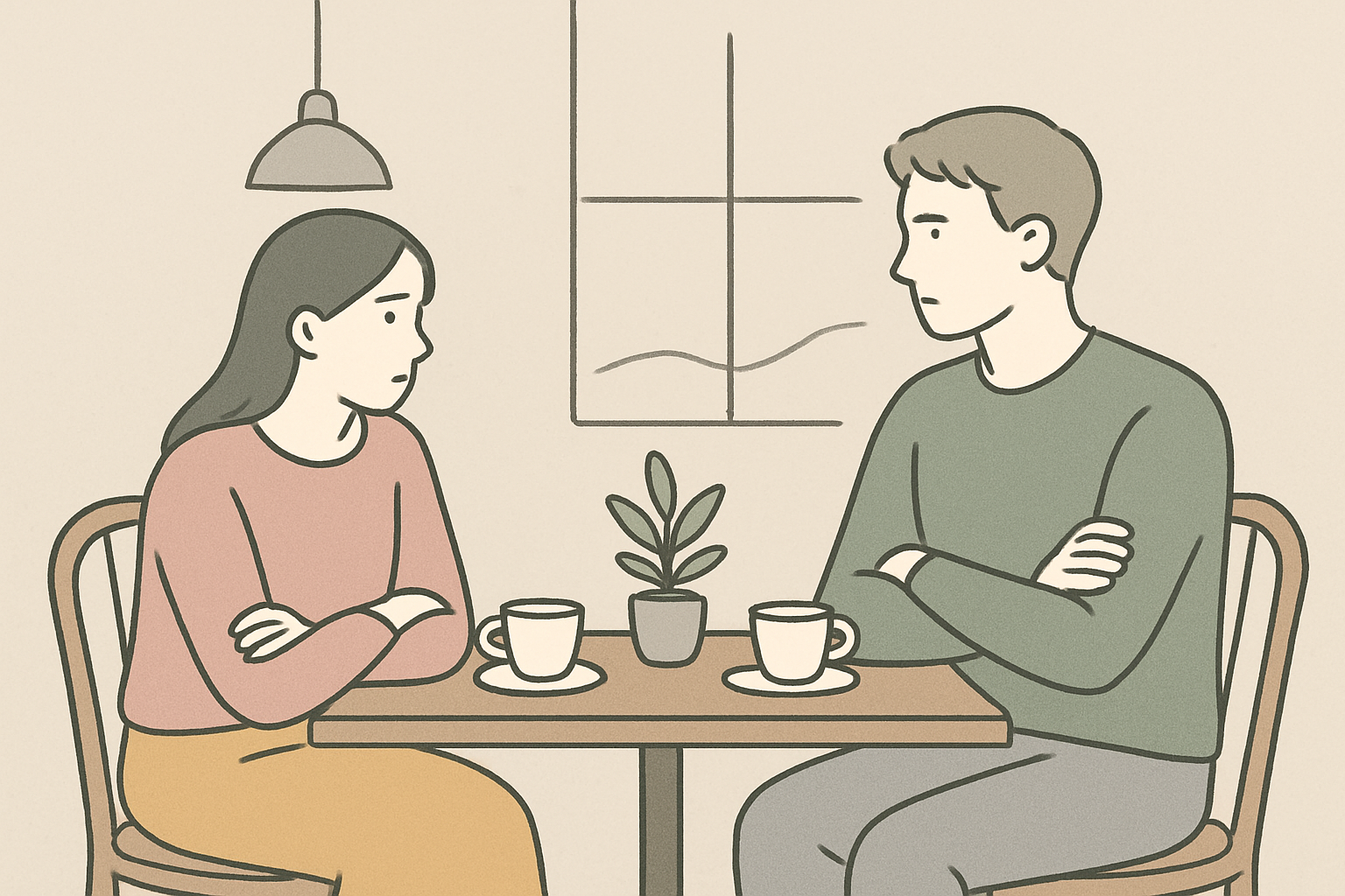 カフェの席で少し距離を感じている男女のイメージ