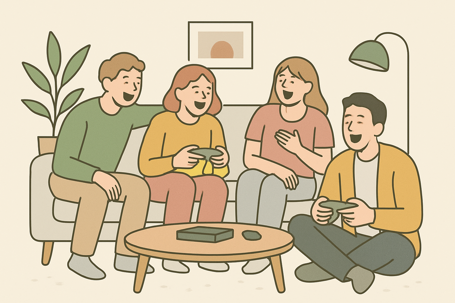 友人同士がリビングで笑いながらゲームを楽しんでいるイメージ