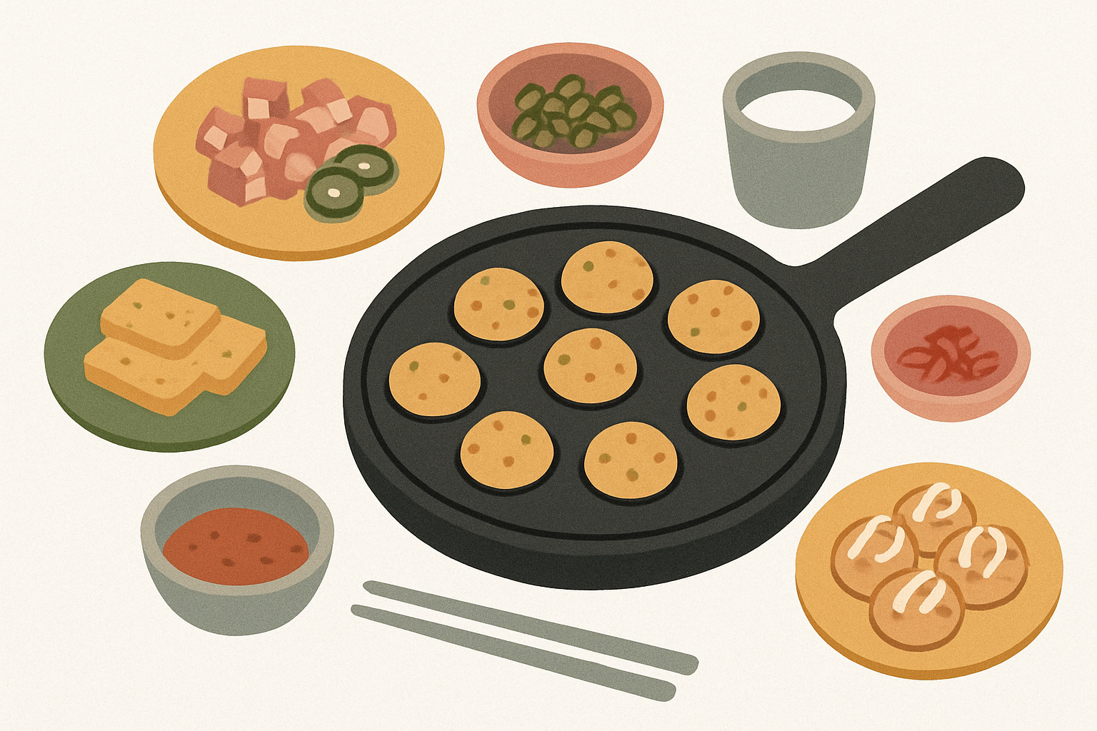 カラフルな具材が並んだたこ焼きパーティーのイメージ
