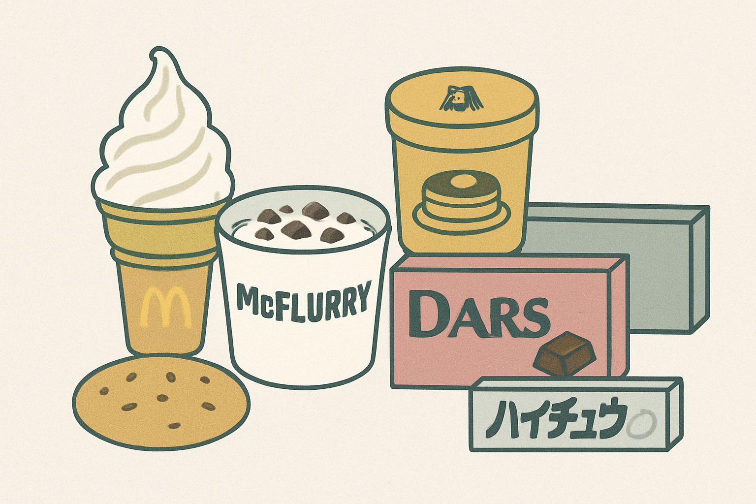 マクドナルドのスイーツと森永のお菓子が並ぶイメージ