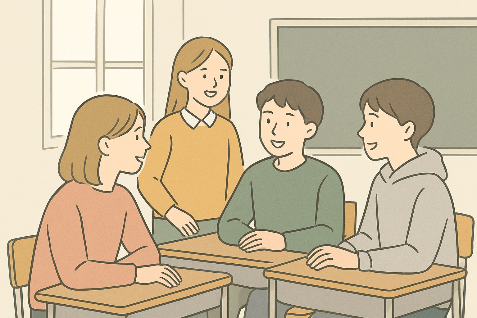 教室で友達と話している中学生の様子を描いた、やわらかい雰囲気のイラスト
