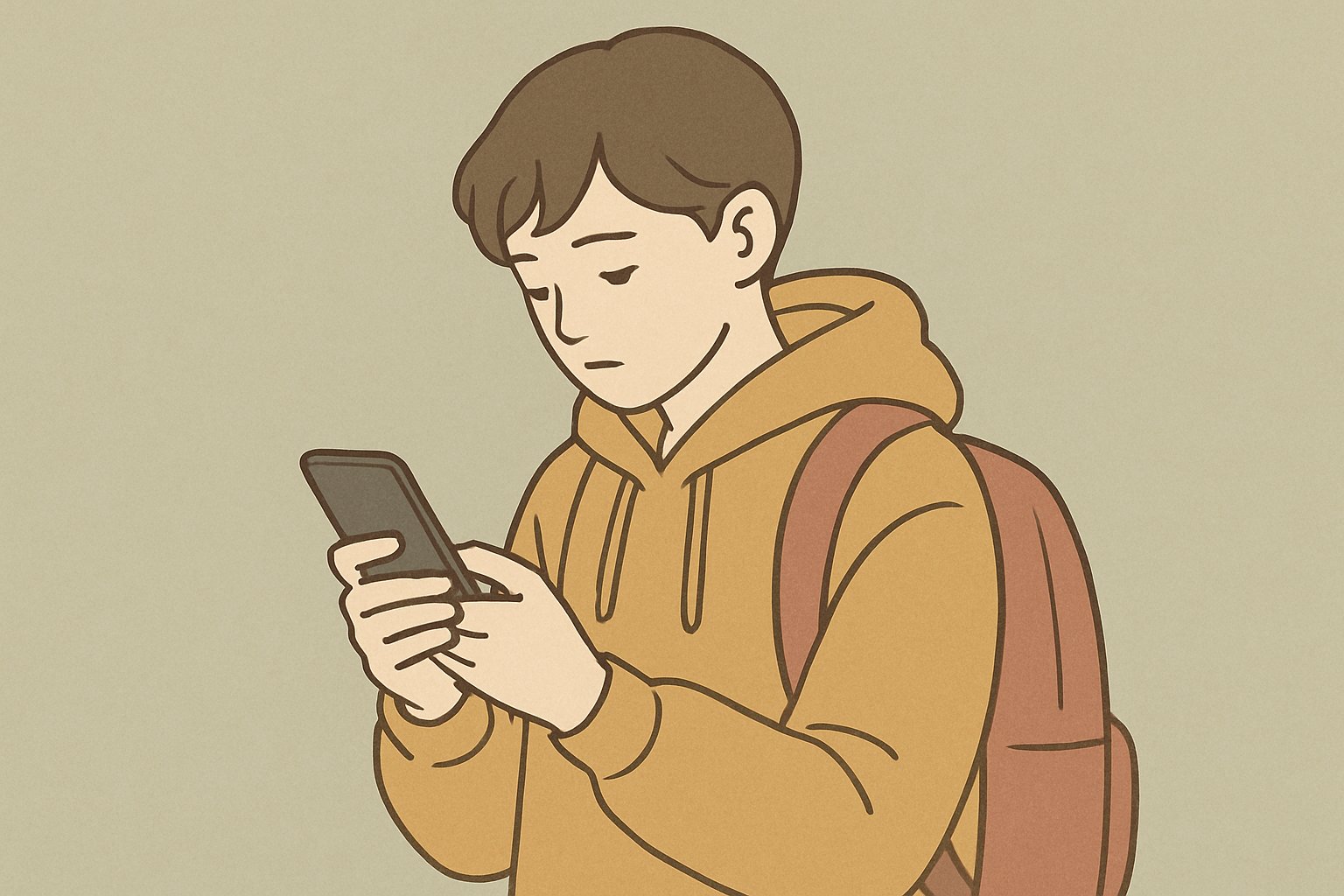 スマートフォンでメッセージを確認している中学生を描いた、落ち着いた色合いのイラスト