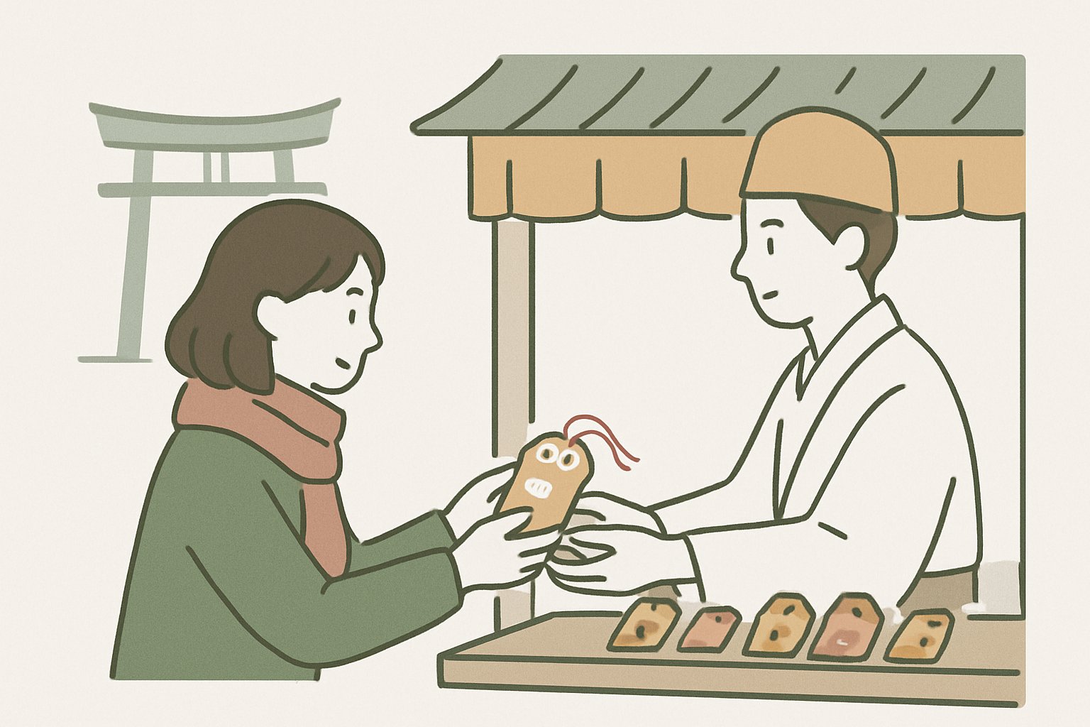 神社の授与所で新しいお守りを両手で受け取る場面のイラスト