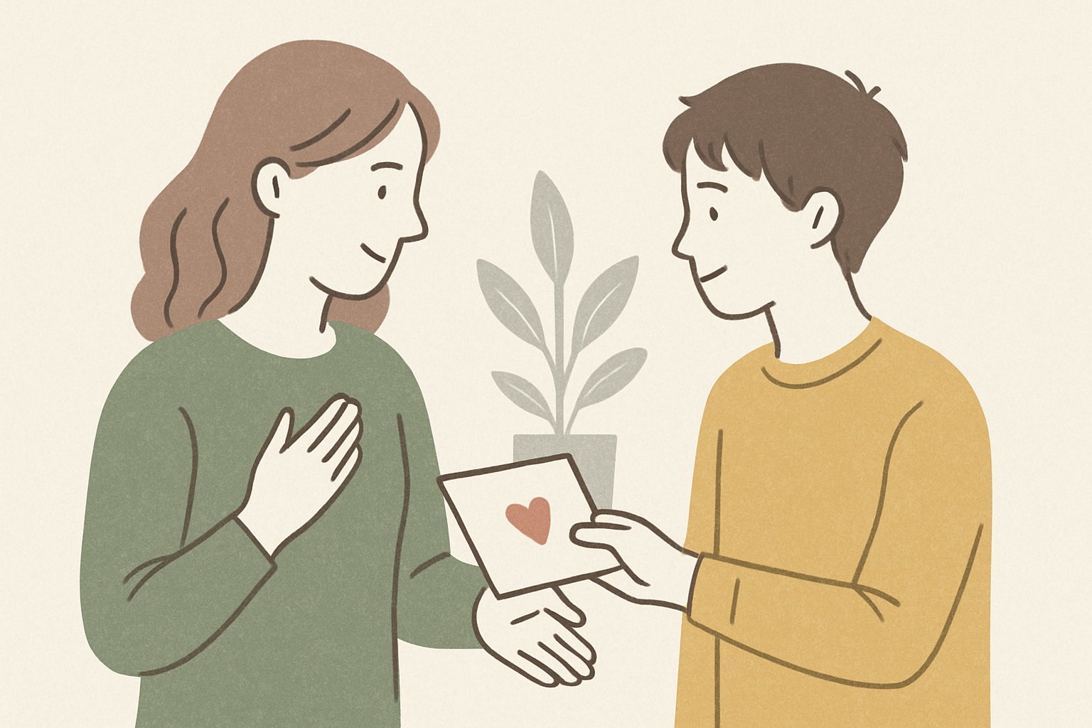 中学生が母親に手紙を渡して感謝を伝えているあたたかい場面のイラスト