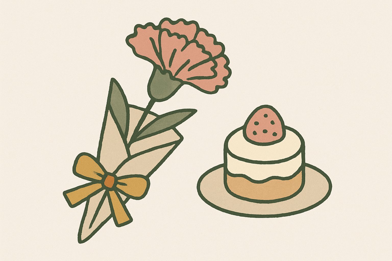カーネーション1本とミニスイーツを組み合わせたプチギフトのイラスト