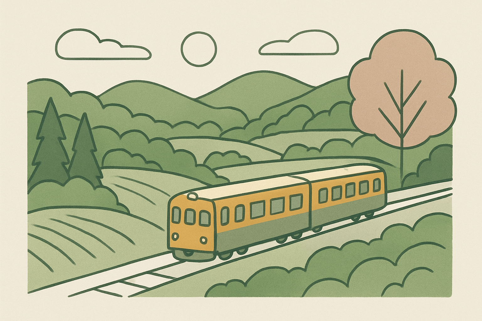 九州の緑豊かな風景の中を走る列車のイメージ