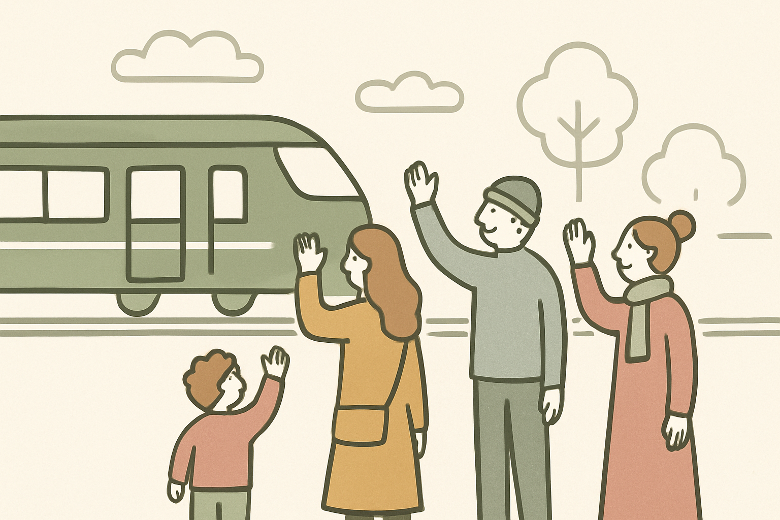 列車に手を振る沿線の人々のイメージ