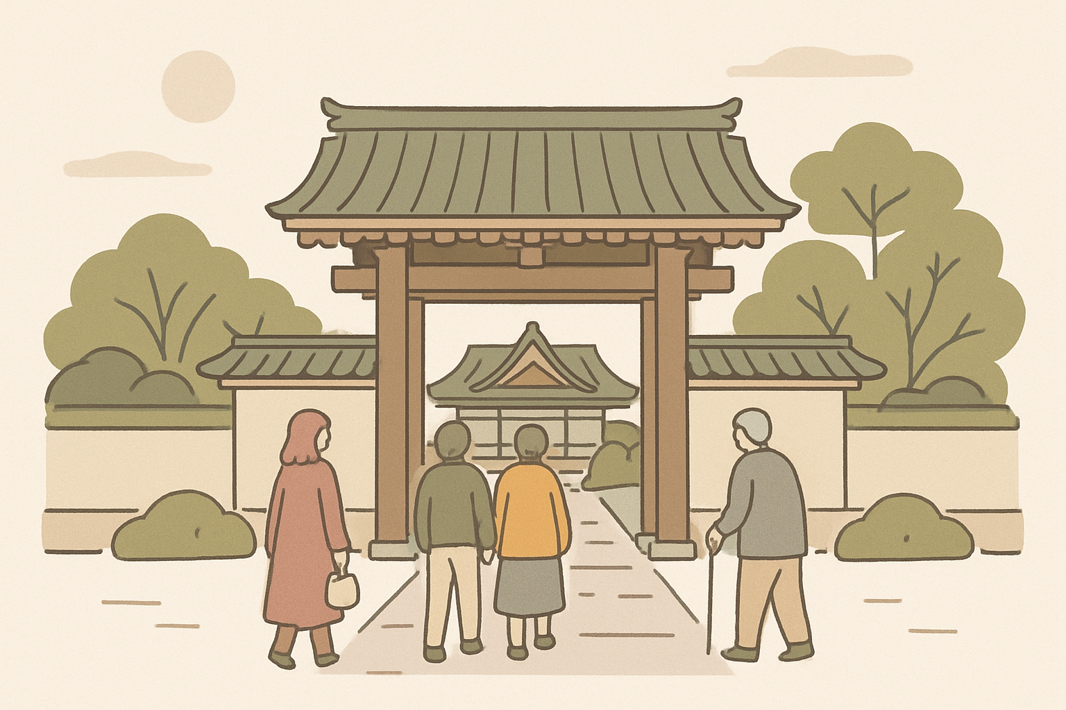 京都の寺院の門前と参拝者のイメージ