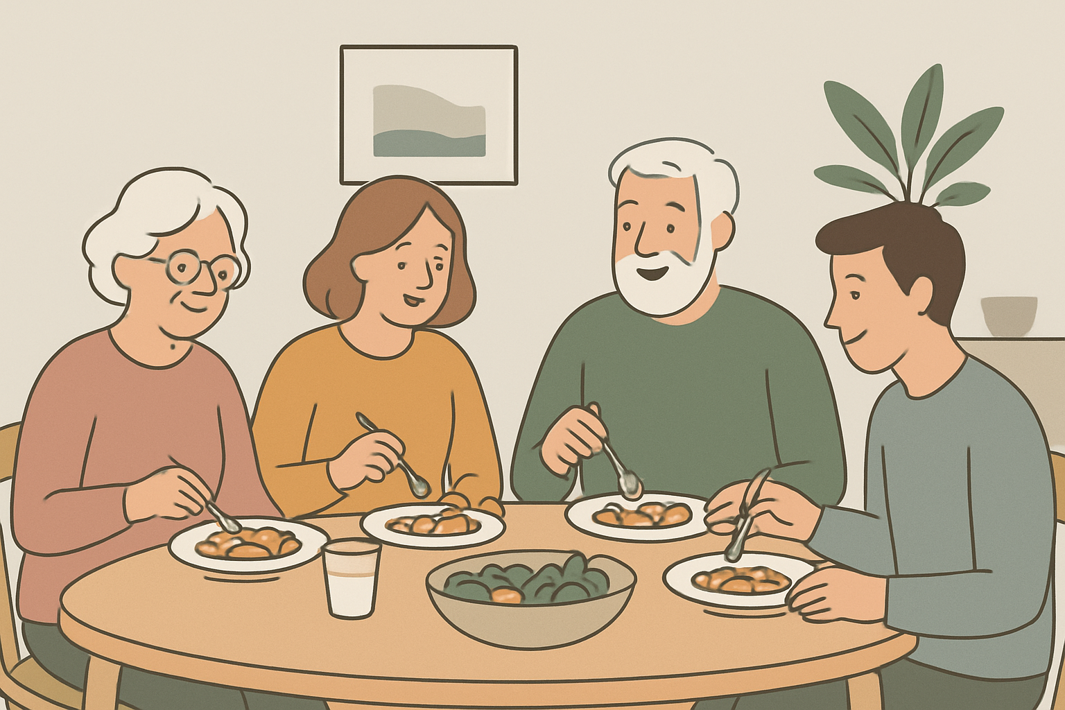 シニア世代が家族と楽しく食事をしているイメージ