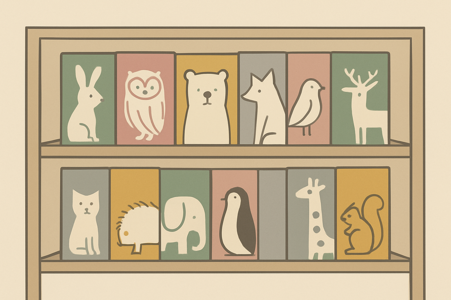動物が描かれた技術書が並ぶ本棚のイメージ