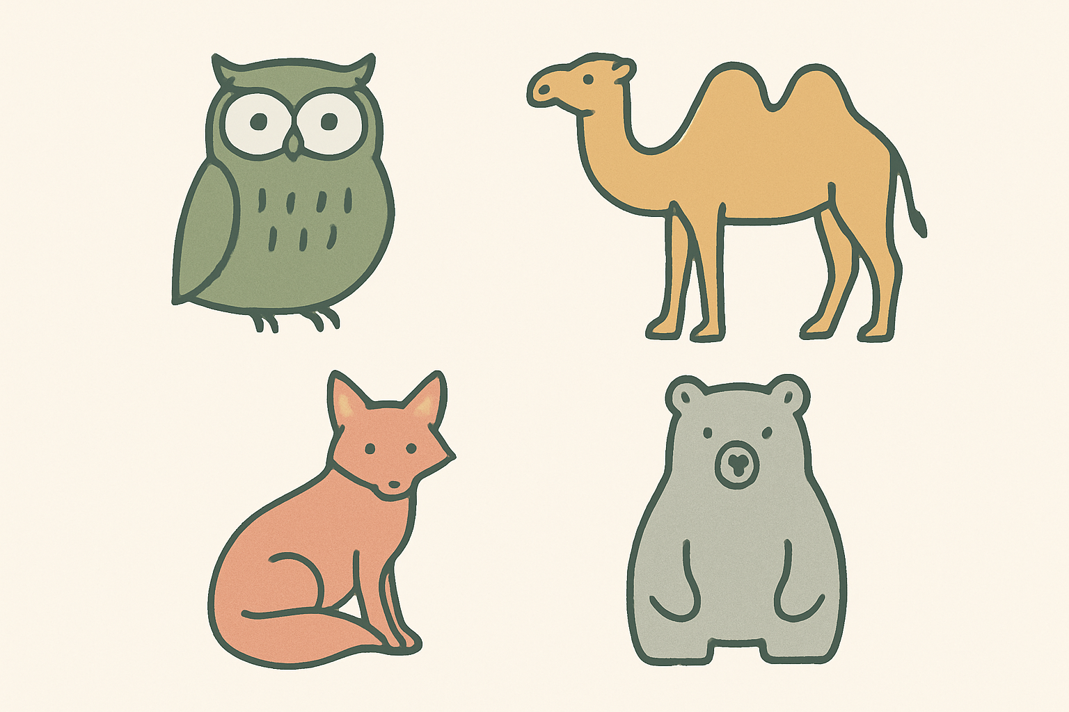 フクロウやラクダなど動物の線画イラストのイメージ