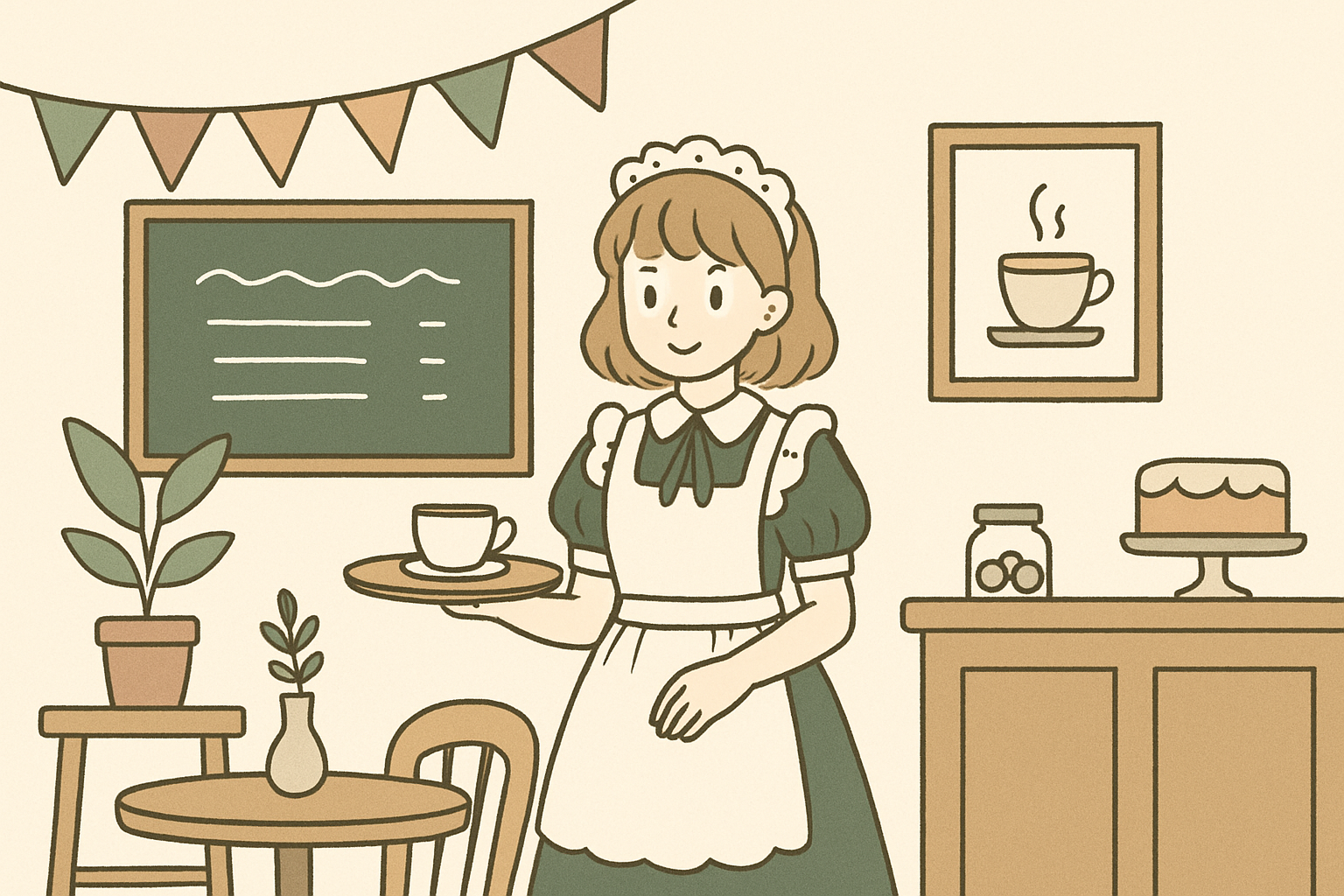教室を装飾したメイド喫茶やカフェ風の出し物のイメージ