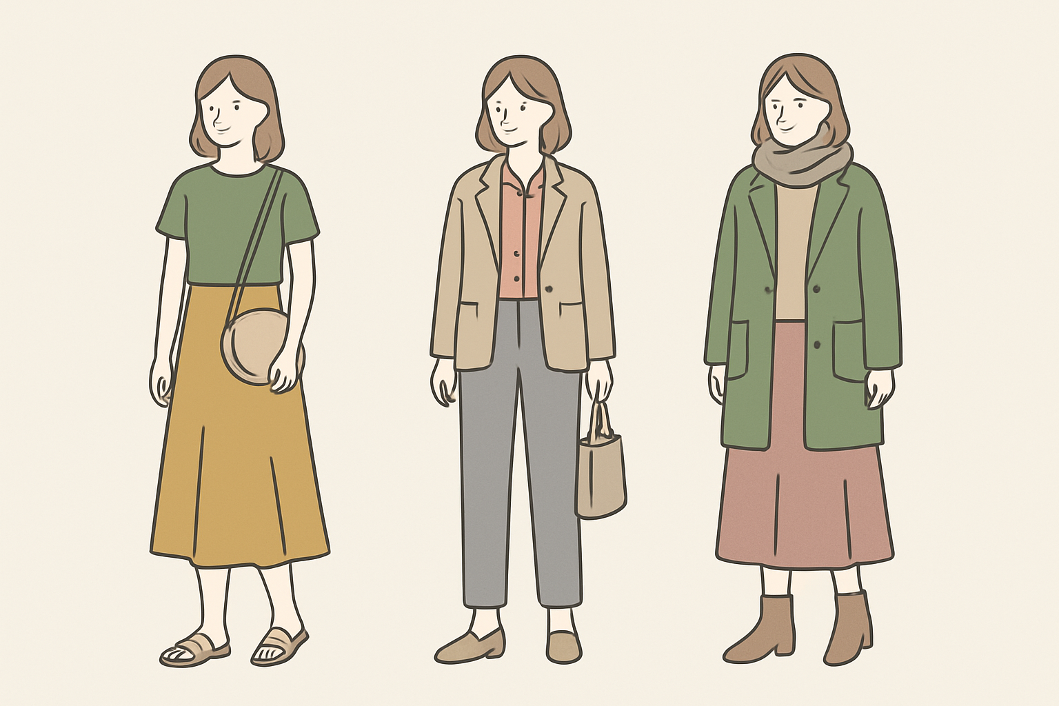 気温別コーデの比較(残暑・中旬・秋シフト)を並べたイラスト