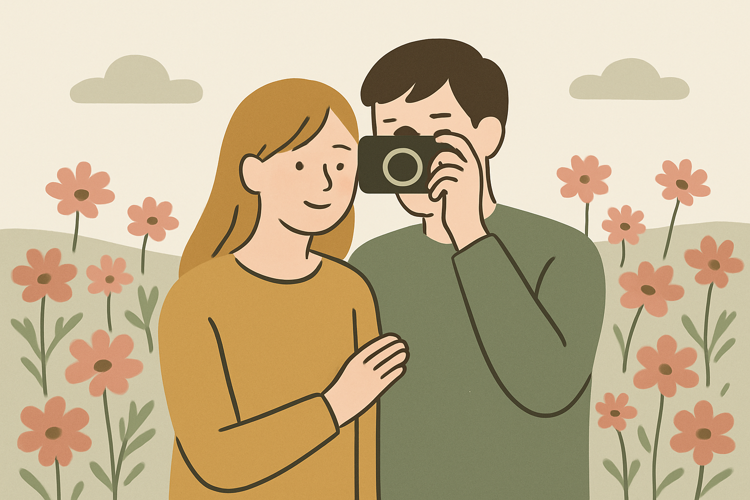 コスモス畑を背景に写真を撮るカップルのイメージ(北欧イラスト風)