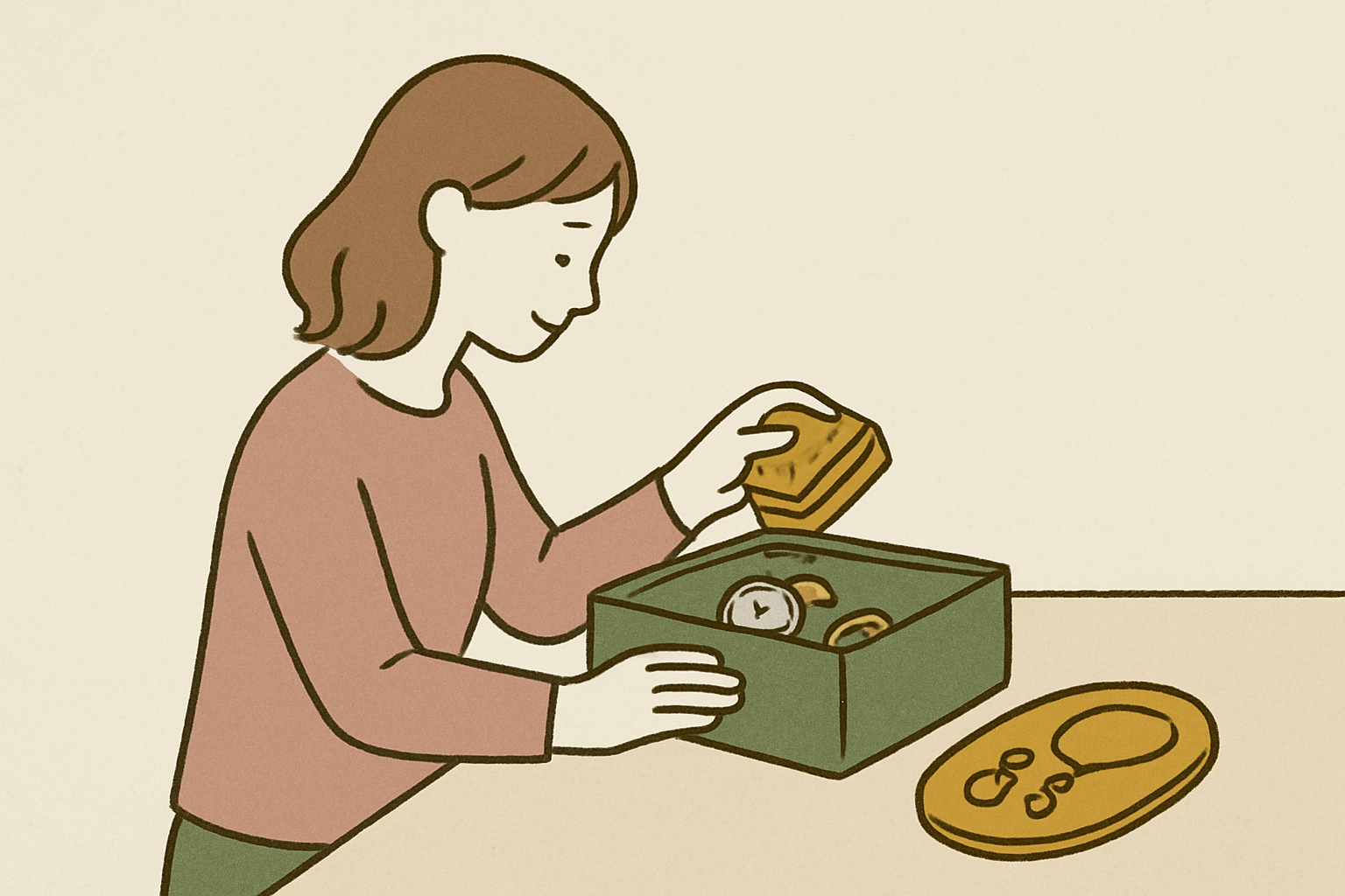 時計やアクセサリーを預ける様子のイラスト（北欧イラスト風）