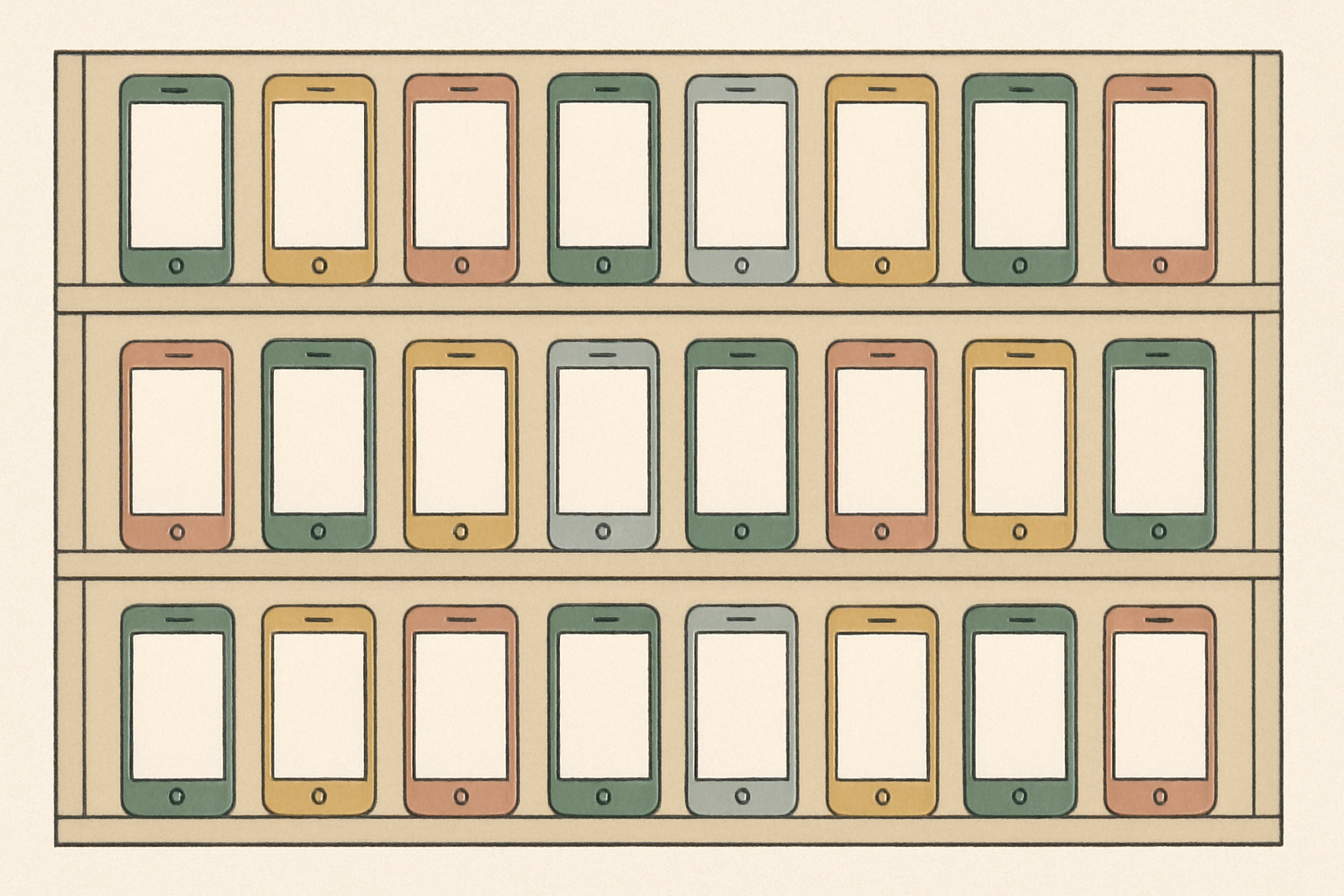 大量のスマートフォンが棚に整然と並ぶ施設のイメージ(北欧イラスト風)