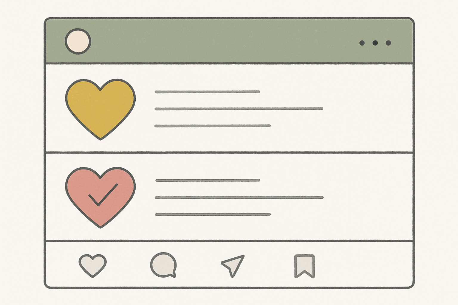 本物と偽物の「いいね」が混ざり合うSNS画面のイメージ(北欧イラスト風)