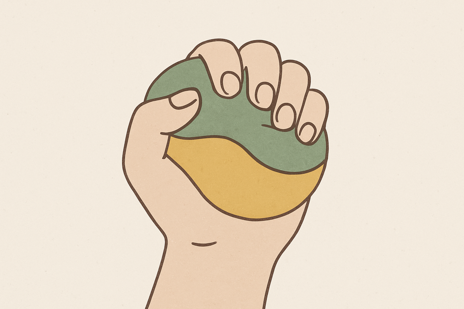 手のひらでスクイーズを握っているイメージ(北欧イラスト風・くすみカラー)