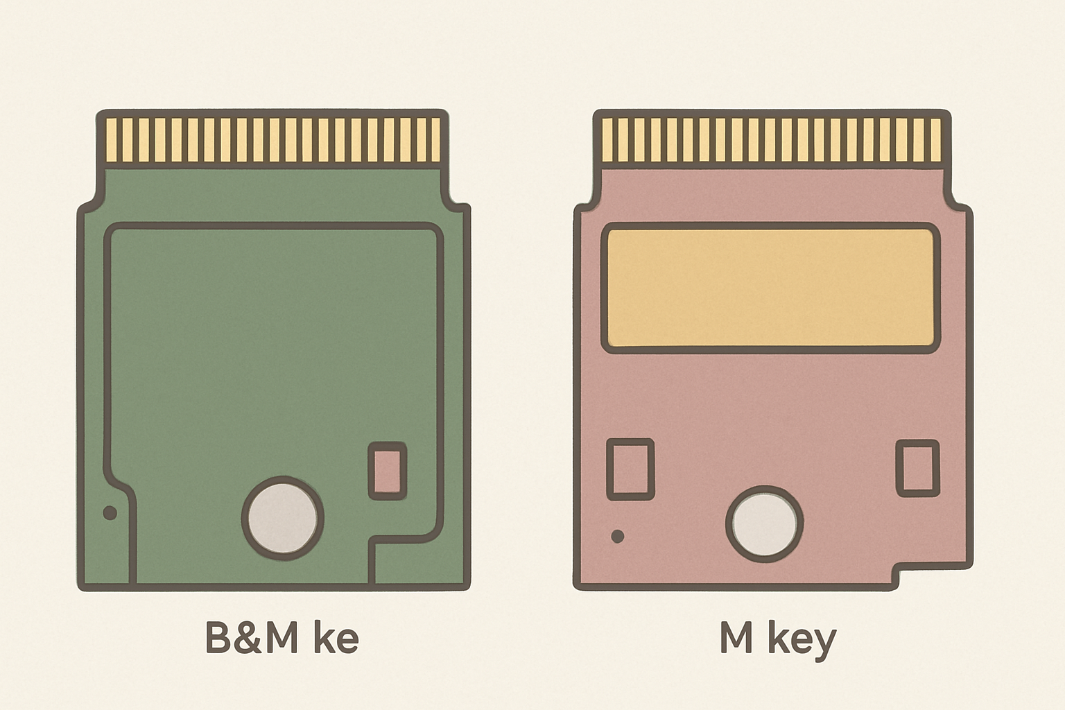 M.2 SSDの端子部分の切り欠き(B&Mキー/Mキー)を比較したイメージ図