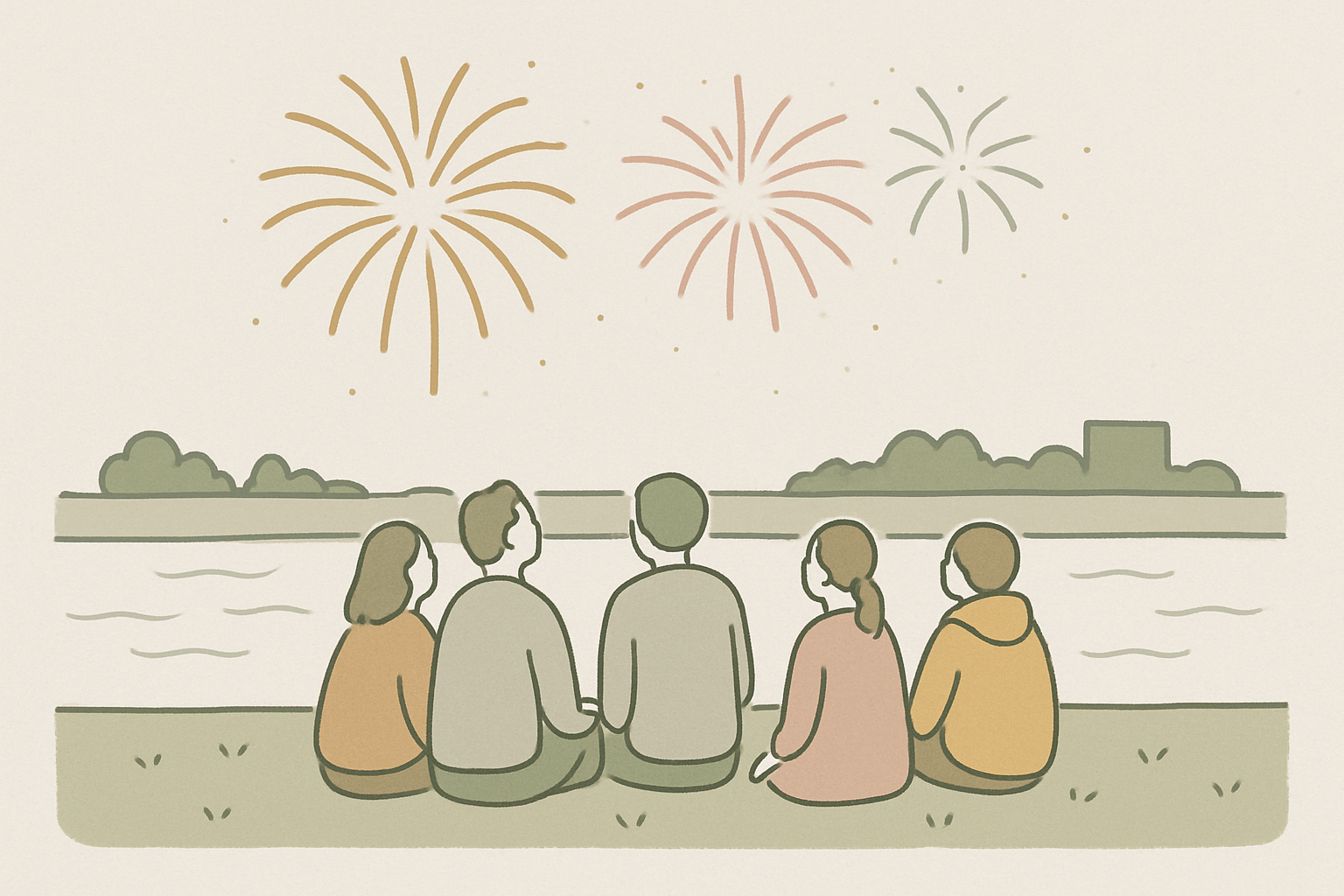 河川敷の土手から花火を眺める人々のイメージ