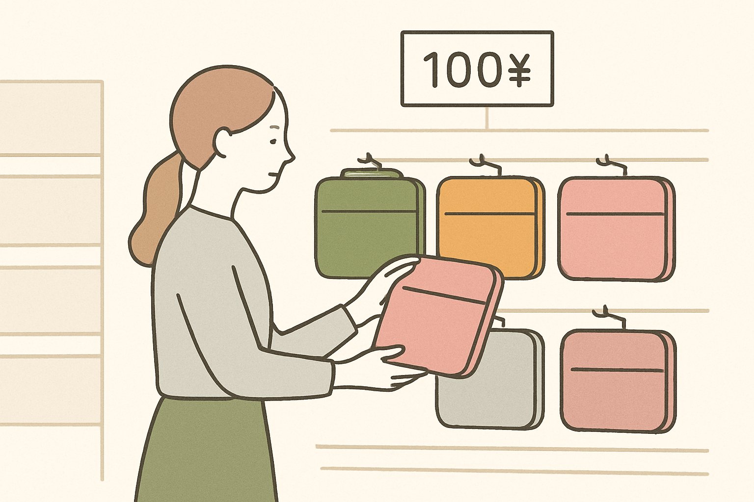 100円ショップの売り場でパソコンケースを選ぶ人のイメージ