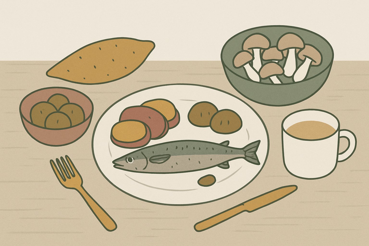秋の旬食材（さつまいも・栗・きのこ・さんま）が食卓に並ぶイメージ