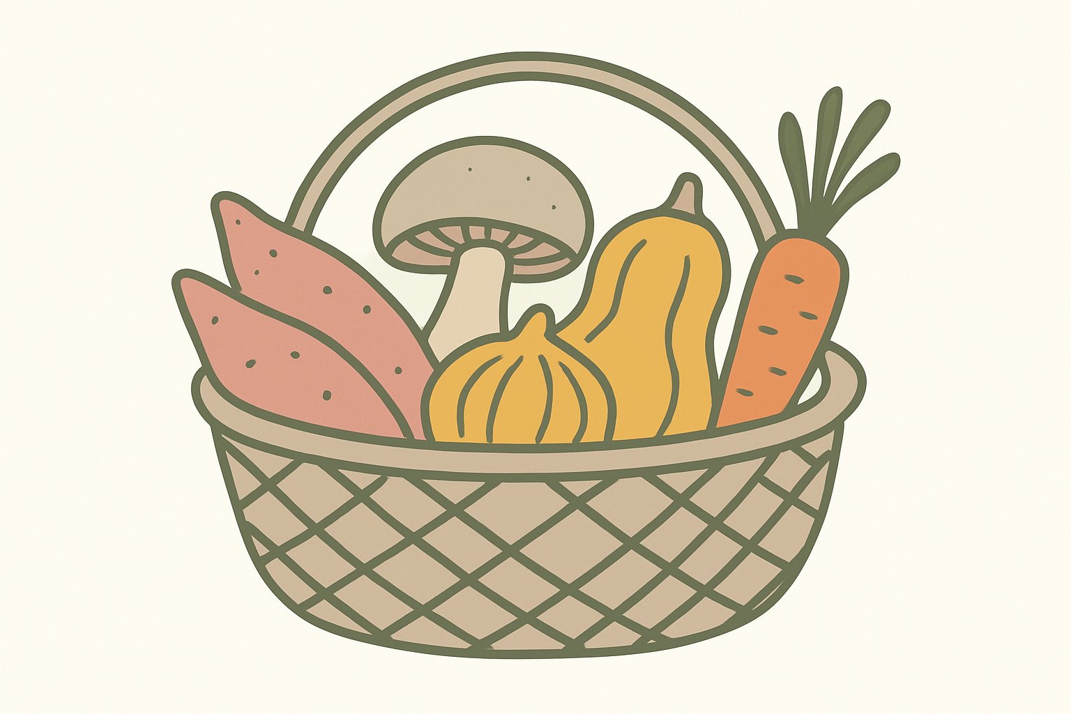 さつまいも・きのこなど秋の野菜がかごに盛られた様子
