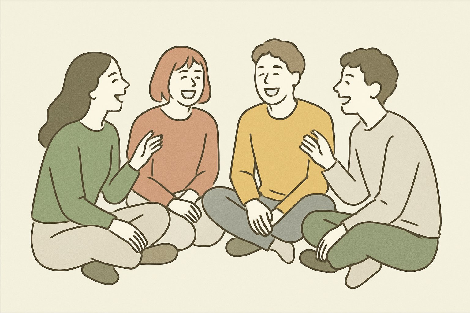 友人同士が輪になって笑っている場面のイメージ（北欧イラスト風・くすみカラーのシンプル線画）