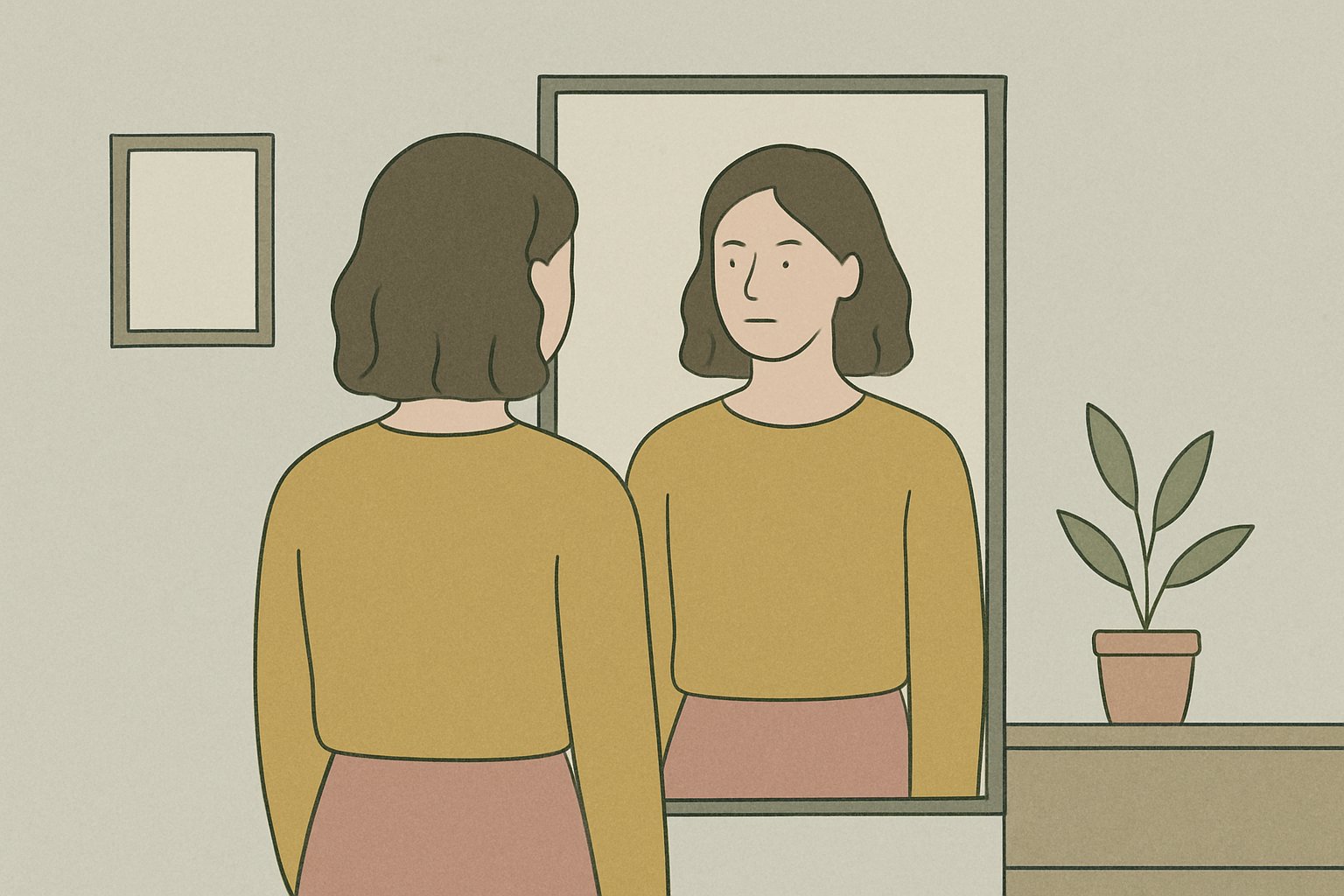 鏡の前で自分の姿を見ている人の後ろ姿のイメージ