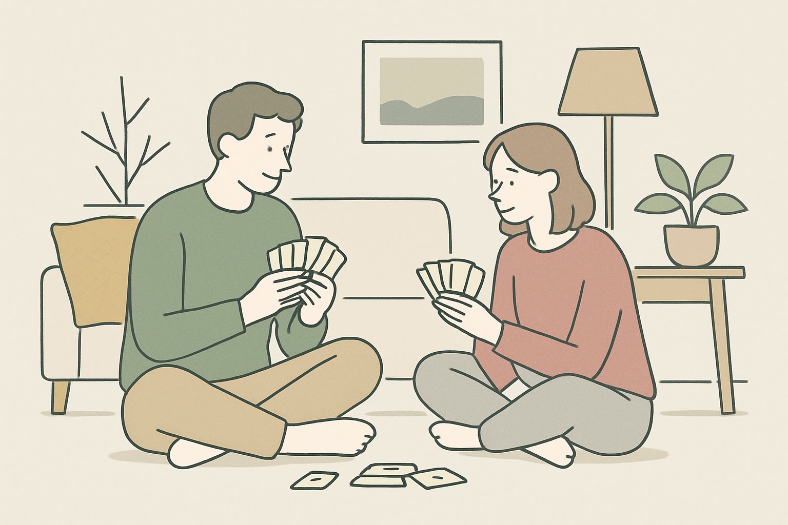 部屋で向かい合ってカードゲームをするカップルのイメージ