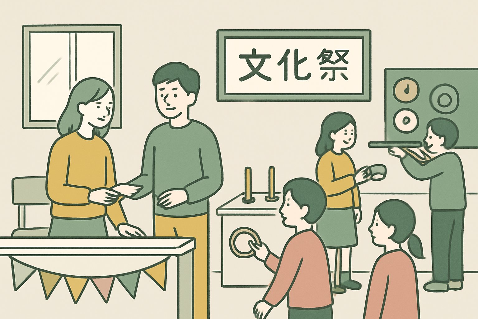 文化祭の教室で輪投げや射的の出し物を楽しむ来場者と、受付で案内する学生たちの様子。北欧イラスト風、シンプルな線画にモスグリーンとマスタードのくすみカラー