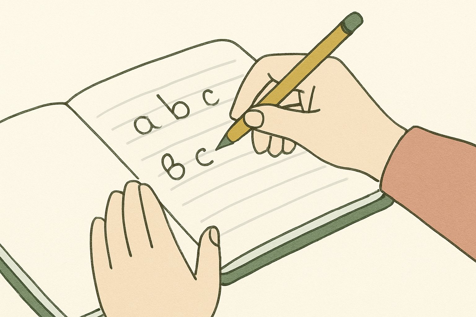 ノートに文字を練習している手元とペンのイメージ