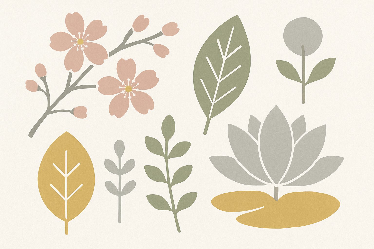桜・若葉・蓮など植物をモチーフにした北欧イラスト風のやわらかいイメージ