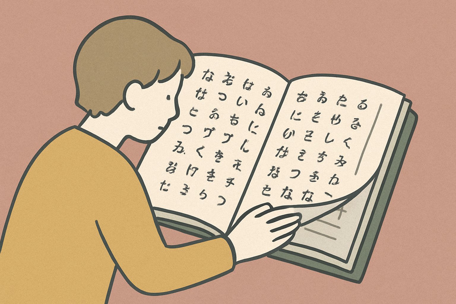 五十音順の索引をめくって名字を探しているイメージ（北欧イラスト風・くすみカラー）