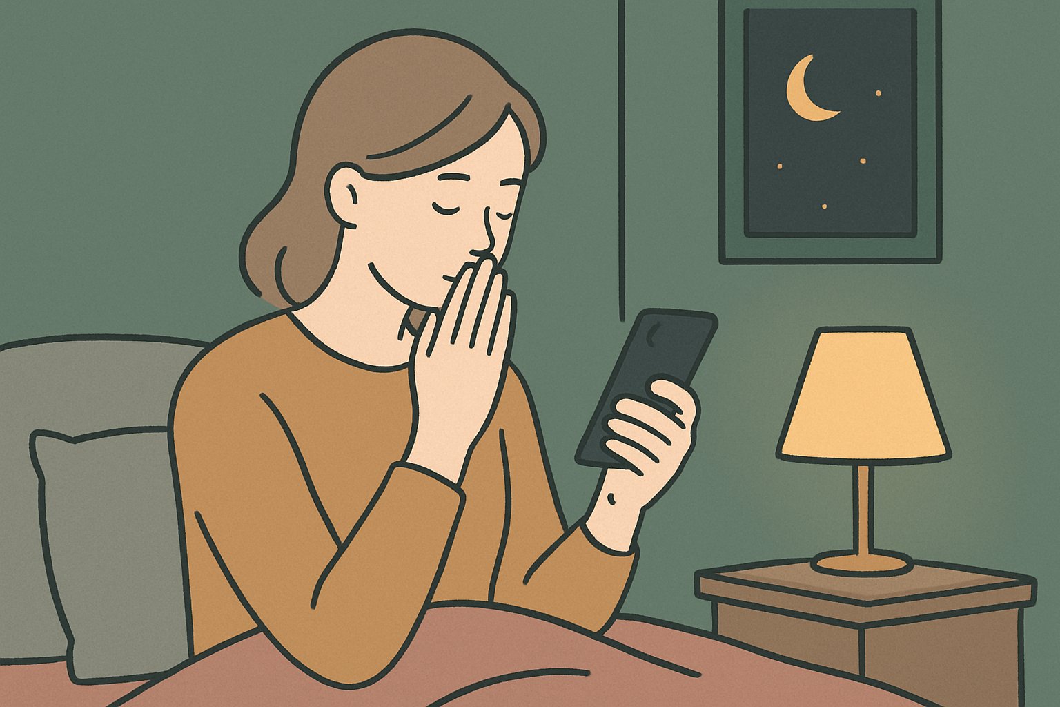 夜の部屋でスマートフォンを手に持ち、通話前に息を整えている人物のイメージ