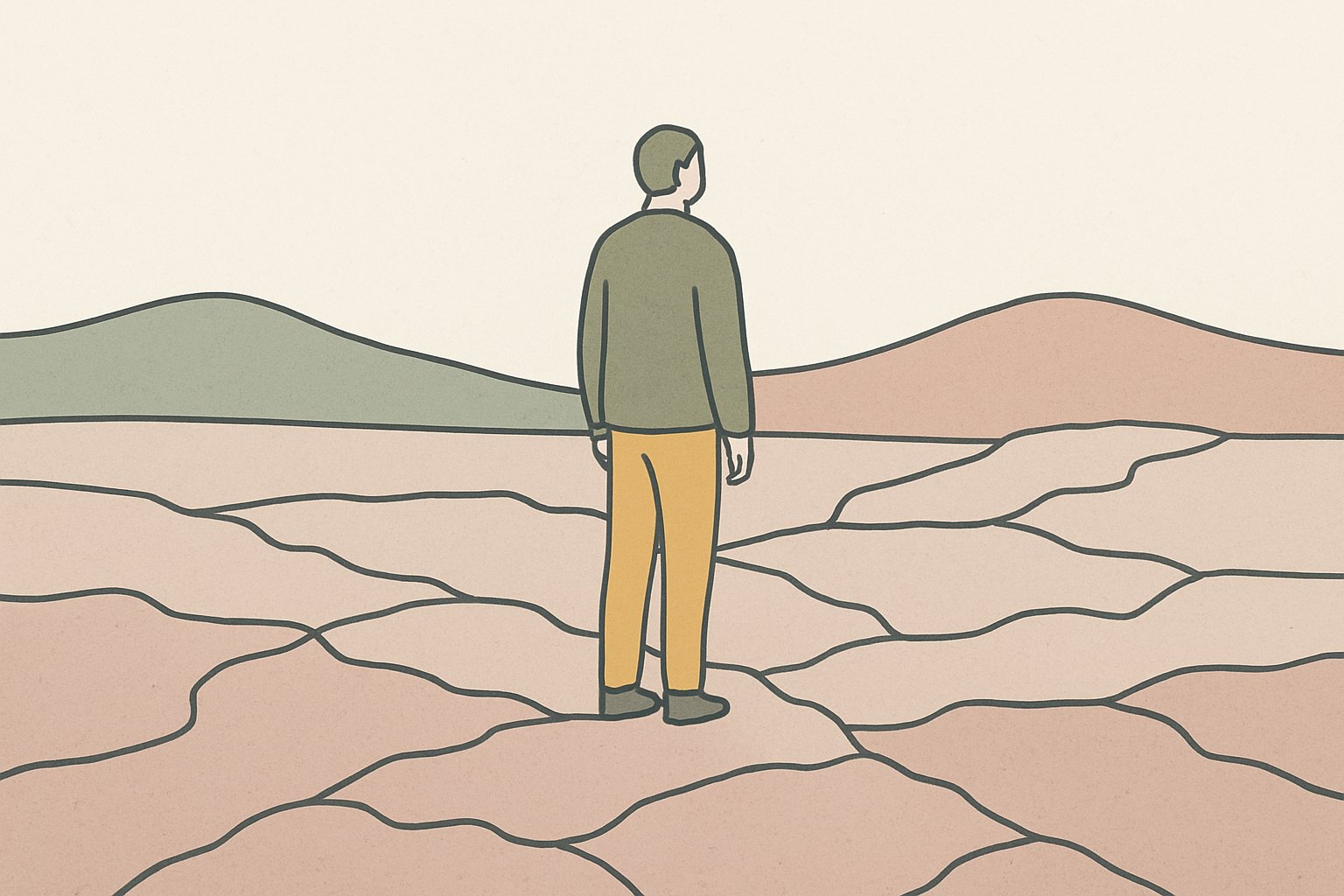 揺れる大地の上で立ち止まる人のイメージ(北欧イラスト風・くすみカラーのシンプル線画)