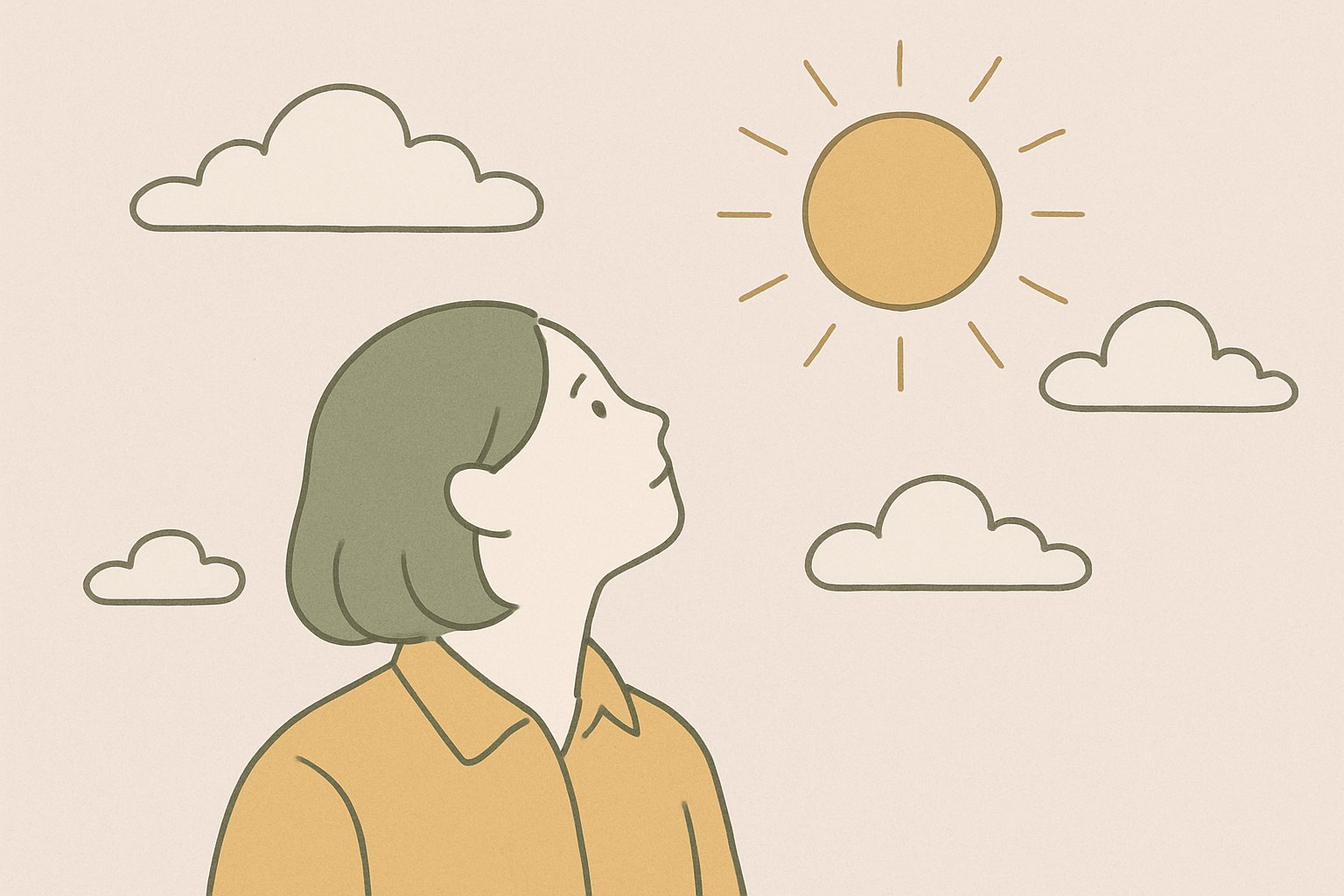 揺れが収まったあとの明るい空を見上げる人のイメージ(北欧イラスト風・くすみカラーのシンプル線画)