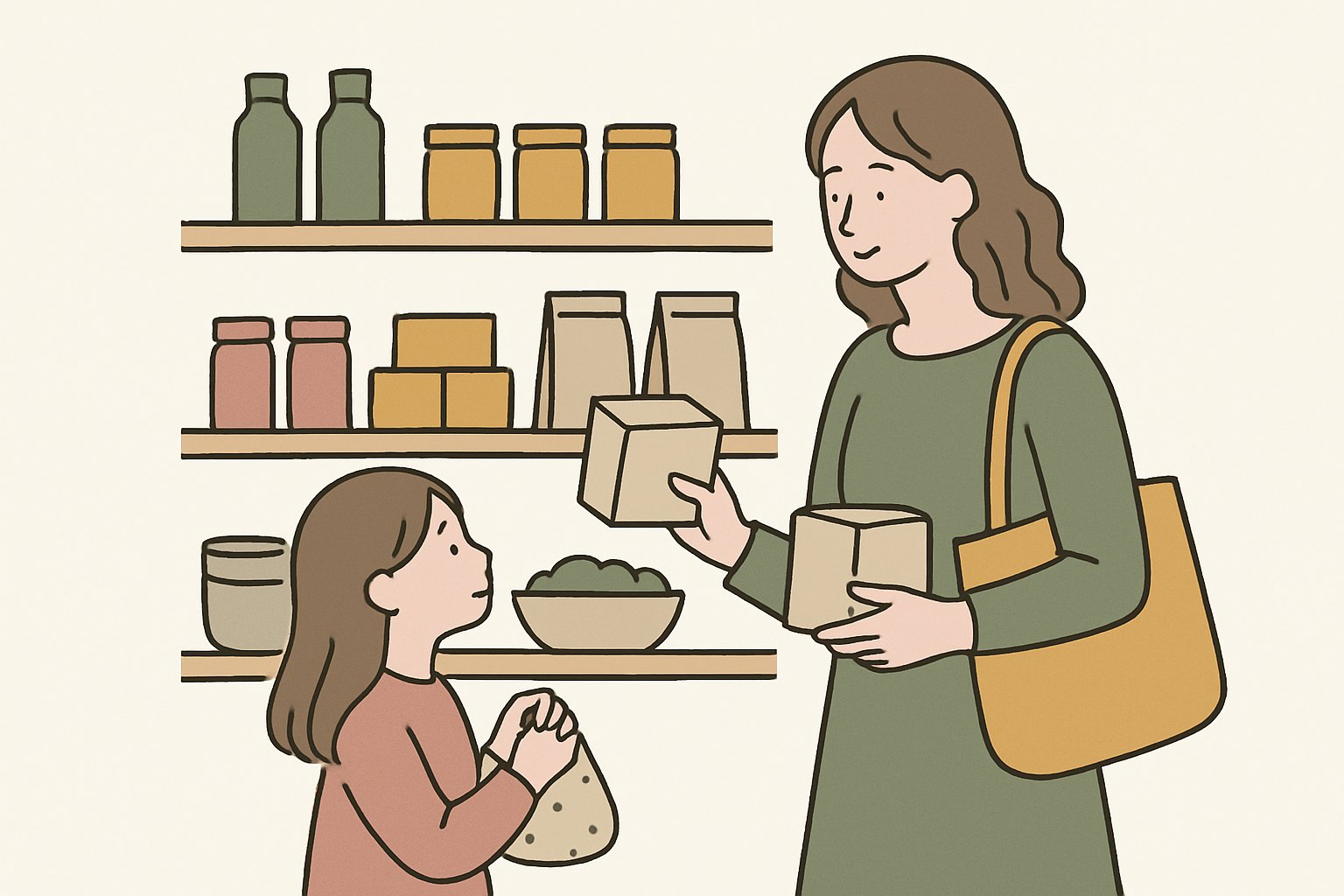 お泊まりの手土産を親子でショップの棚から選んでいる場面のイラスト
