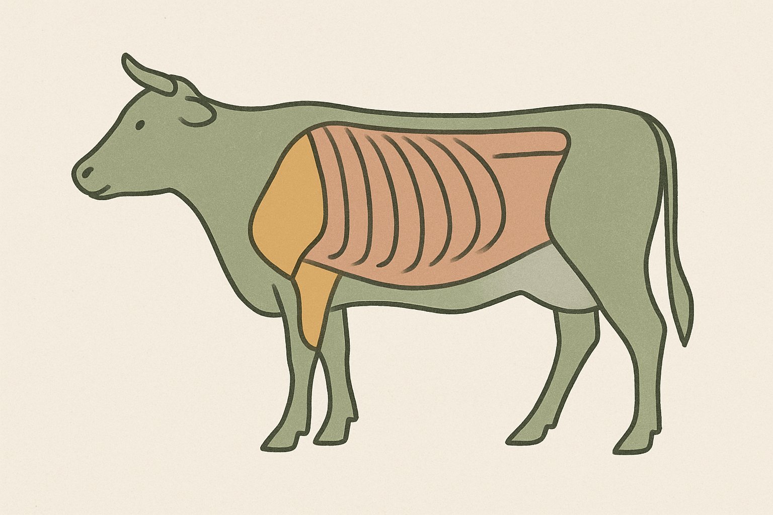 あばら骨と骨の間の肉を示した牛の部位イメージ（北欧イラスト風・くすみカラーのシンプル線画）