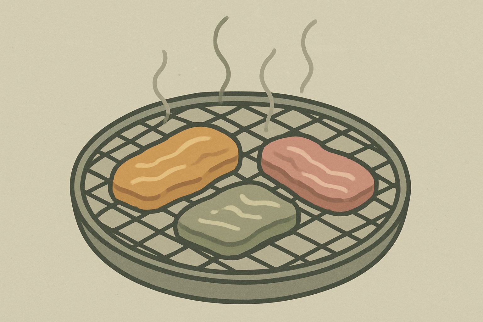網の上で焼かれている厚めのカルビのイメージ（北欧イラスト風・くすみカラーのシンプル線画）