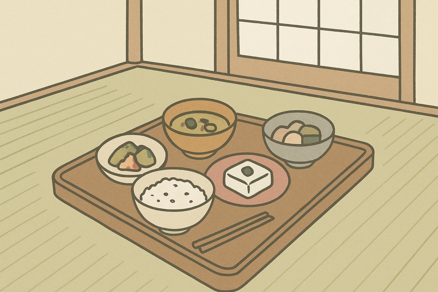 一汁三菜の精進料理のお膳が用意された和室のイメージ