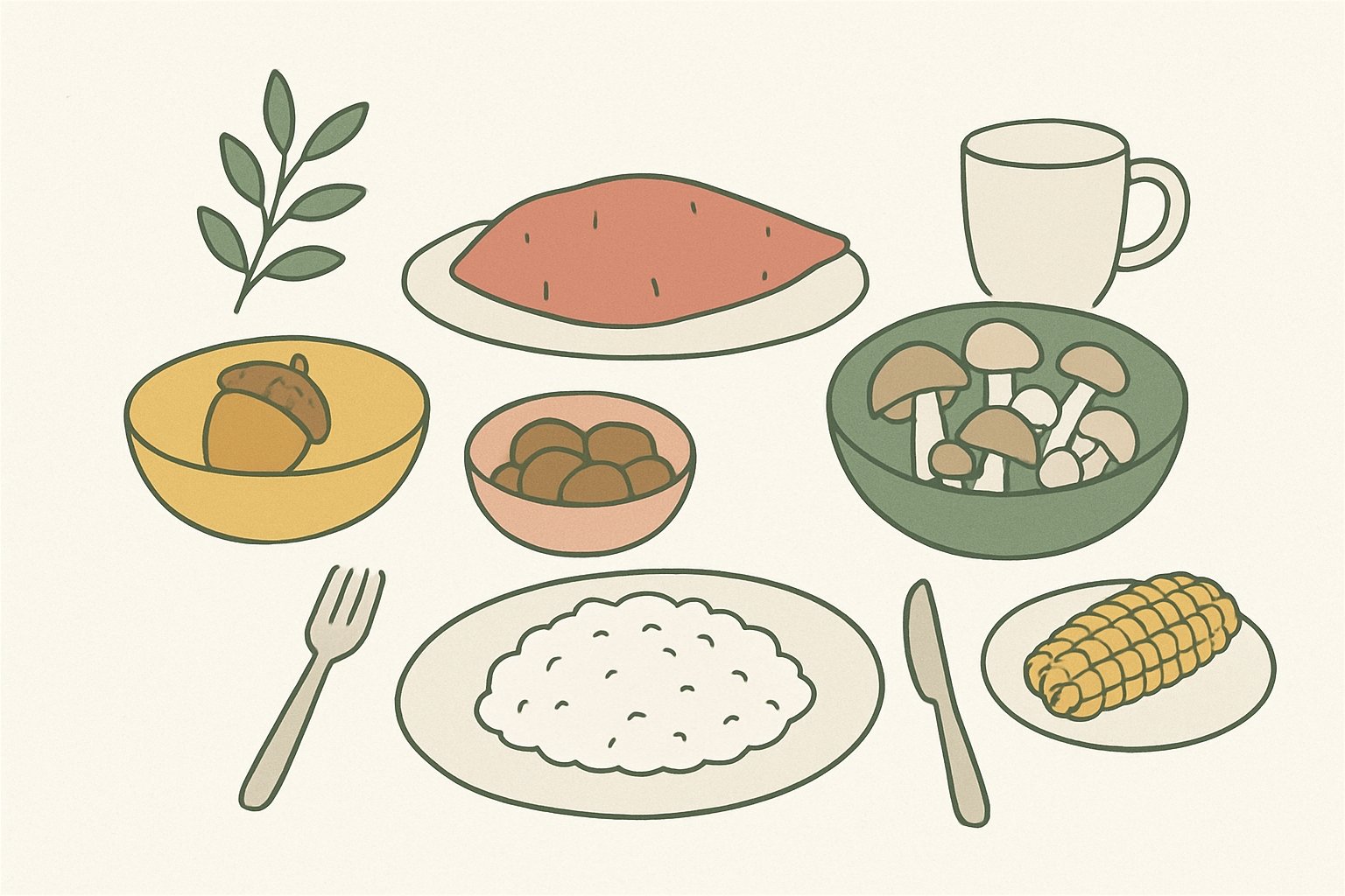 新米・栗・さつまいも・きのこなど秋の味覚が並んだ食卓のイメージ