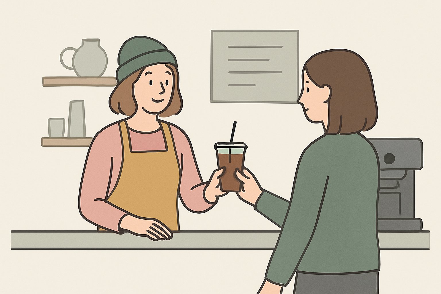 カフェのレジカウンターでアイスコーヒーを受け取る場面