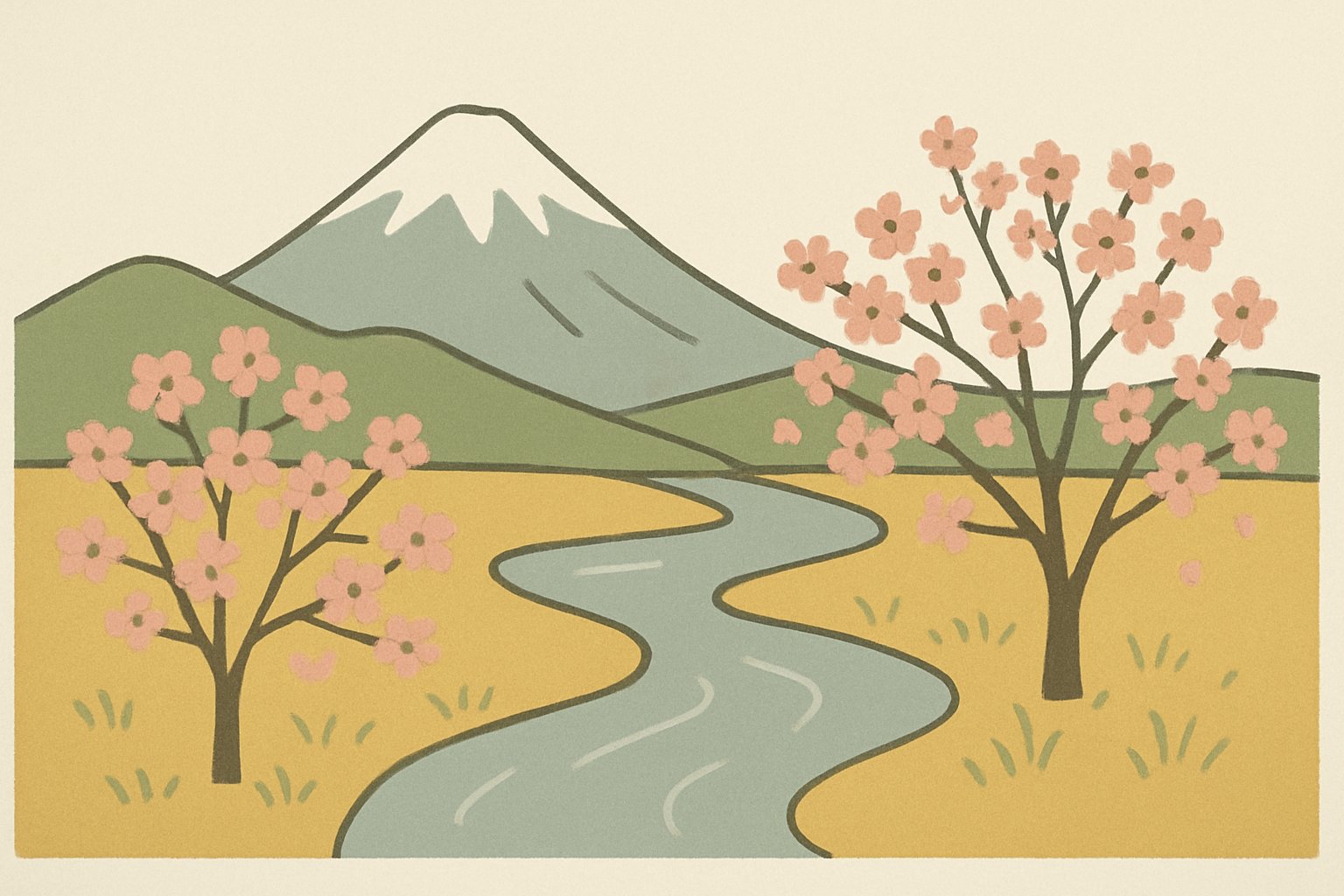 山と川、桜など和の自然風景を思わせるイメージ
