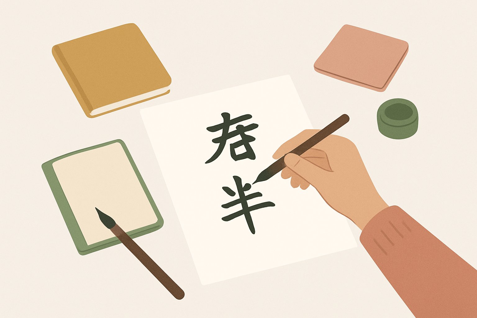 筆と半紙、手帳などに文字を書いているイメージ