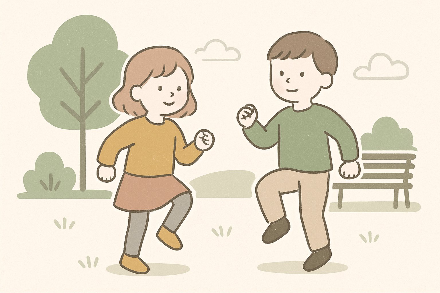 公園でもも上げやスキップの練習をしている子どものイメージ