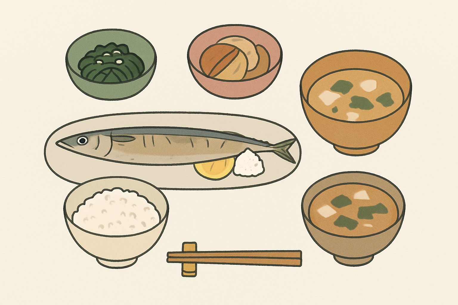 秋刀魚の塩焼きと味噌汁・副菜が並んだ和食の献立イメージ