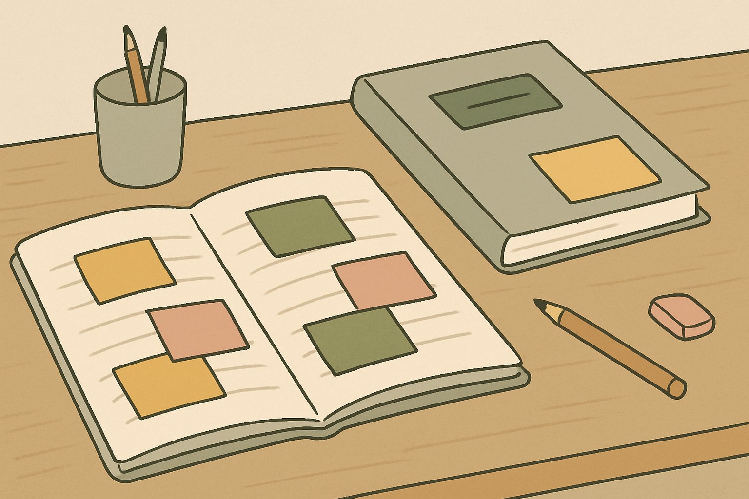 教科書の目次に付せんを貼って自学のネタを選んでいる小学生のノートと机の上