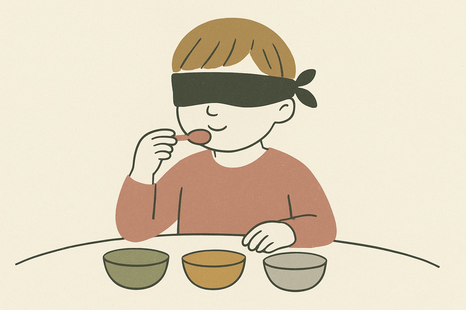 目隠しをして味比べをする子どものイメージ