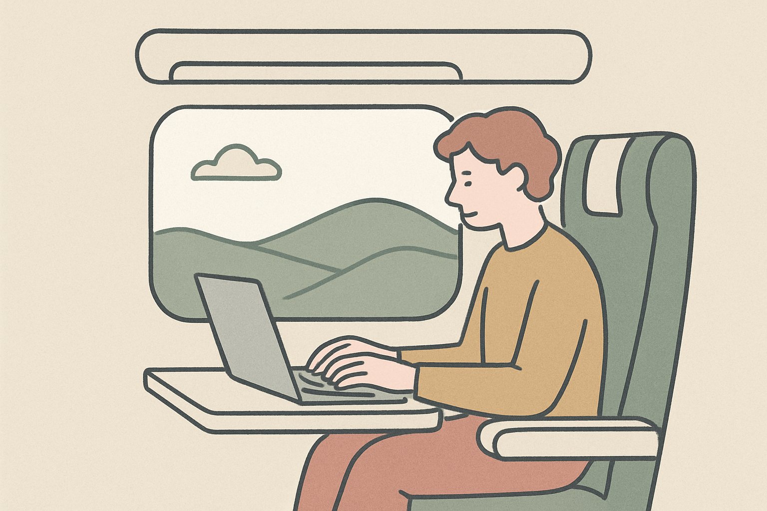 新幹線の車内でノートパソコンを開いて作業する人のイメージ
